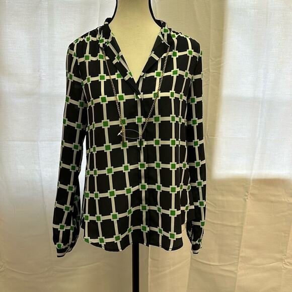 NWT Michael Kors Navy and Green Geometric Blouse with Gold Chain Accent - Size M - Picture 2 of 12